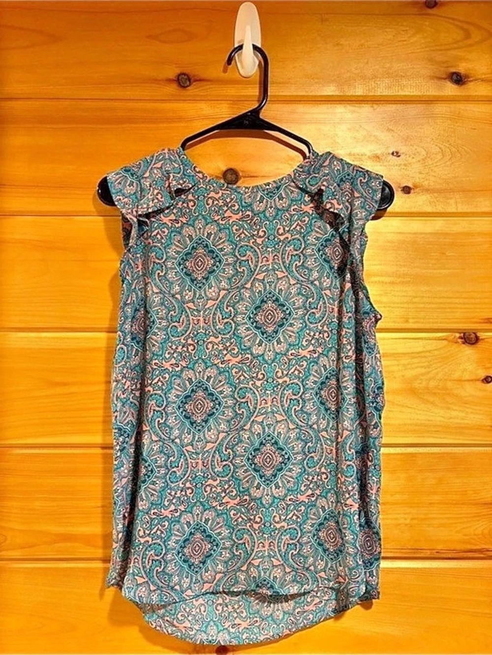 LOFT Teal and Pink Paisley Ruffle Shoulder Sleeveless Blouse XS